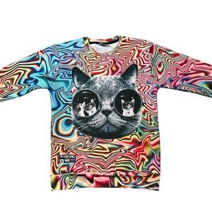 Psychedelic Cat Sun Glasses Bright Long Sleeve Shirt 1991Inc Medium Funky Retro